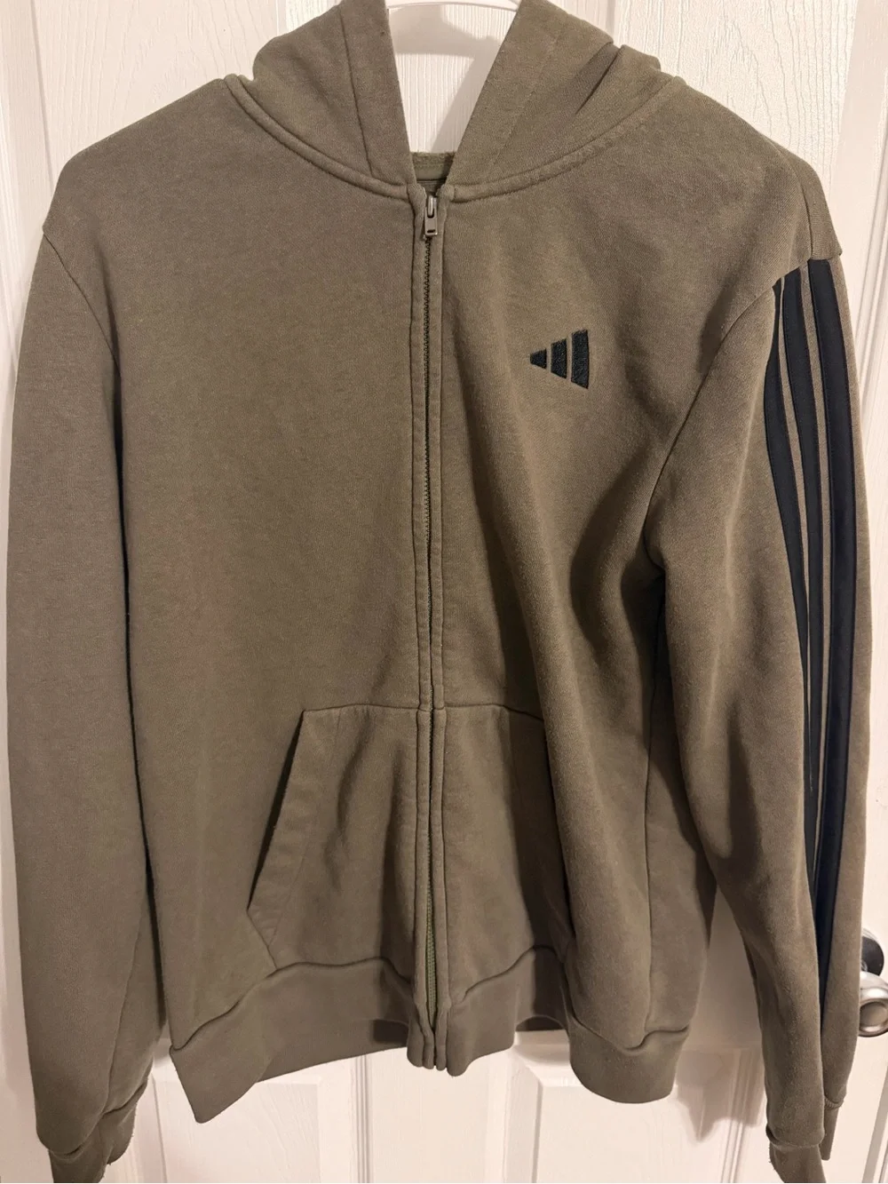 adidas Olive Green Zip-Up Hoodie with Black Stripe Sleeve